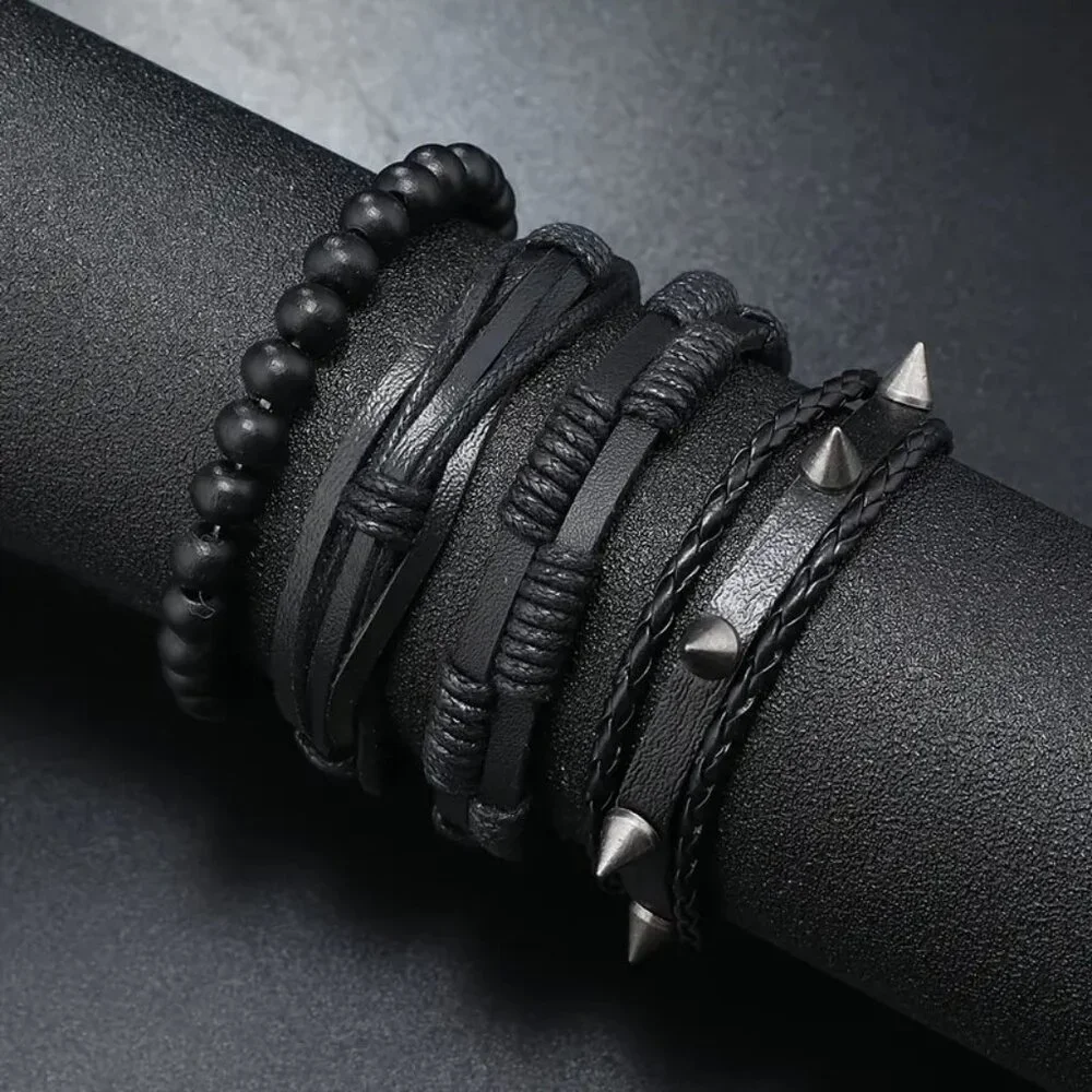 Stackable Cuff Bracelet Leather 4pc Black Spike Beads Goth Edgy Rock Statement